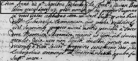 Catharina’s death record in full, its first two lines framed